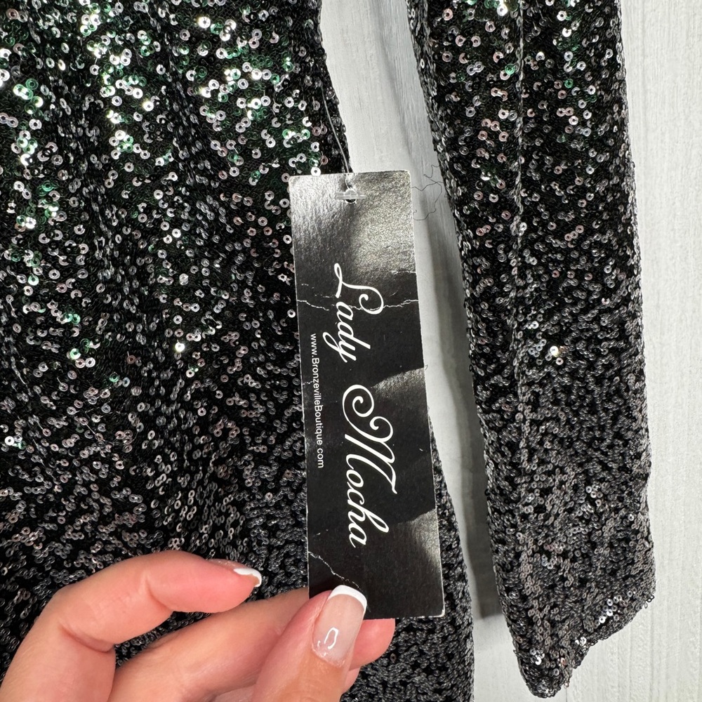 Sequin Green & Silver Long Sleeve Dress - Picture 3 of 8